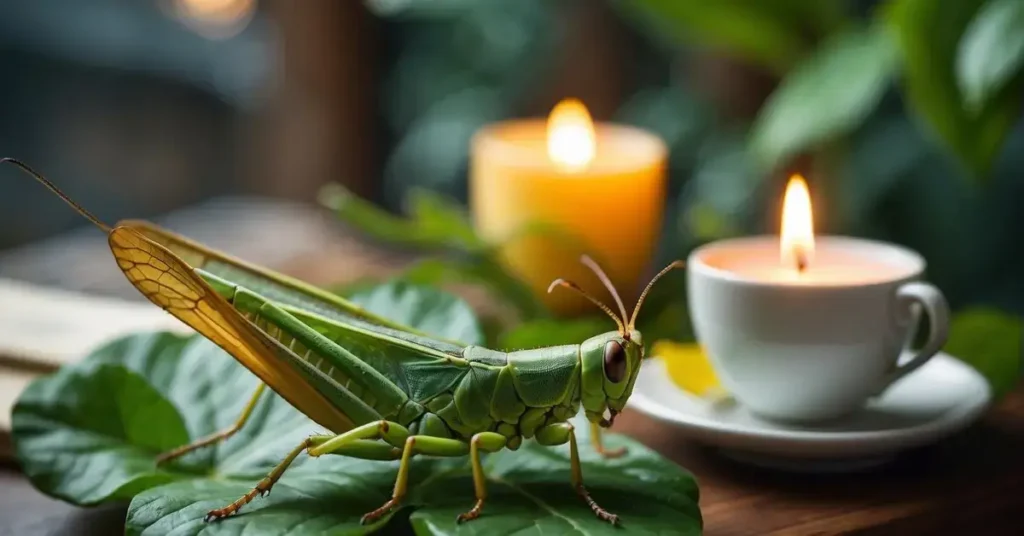 Grasshopper Spiritual Meaning: Unveiling The Symbols In 2024 2 a grasshopper sitting on a table with a candle and a cup of coffee