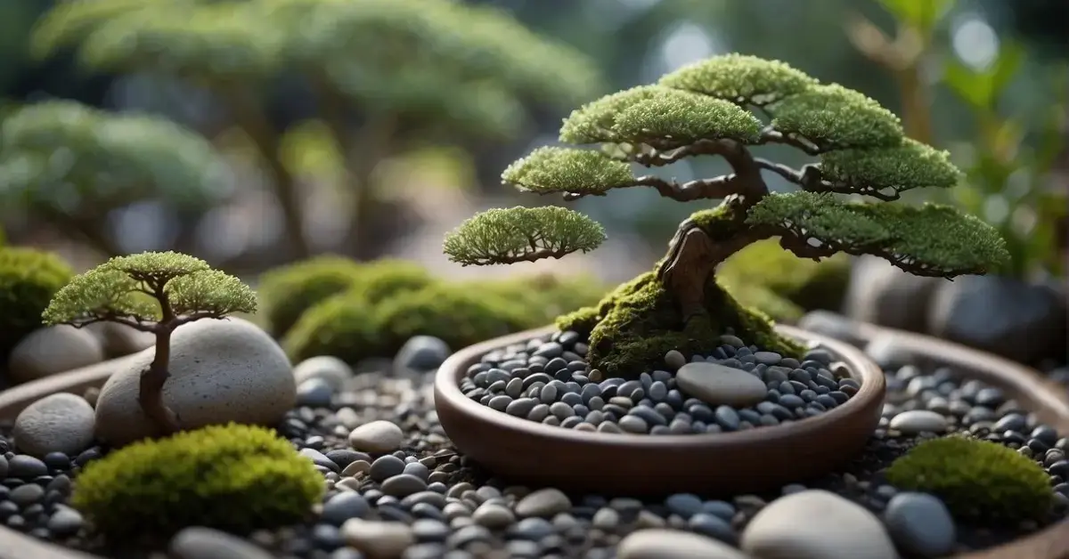 Bonsai Zen Garden: Creating Peaceful Miniature Landscapes 2024 1 Bonsai Zen Garden: A peaceful Zen garden with meticulously pruned bonsai trees, raked gravel, and carefully placed rocks