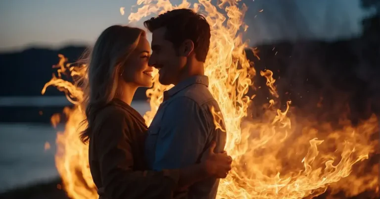20+ Couple Spiritual Twin Flame Art You Will Adore 2024 190 Couple Spiritual Twin Flame Art: A man and a woman embrace, gazing into each other's eyes, with flames behind them.