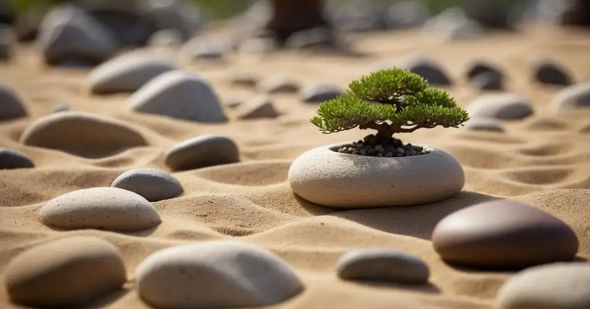 Desert Zen Garden: Creating Serenity in Arid Spaces 2024 1 Desert Zen Garden: A serene desert zen garden with raked sand, carefully placed rocks, and a central focal point such as a small pagoda or bonsai tree