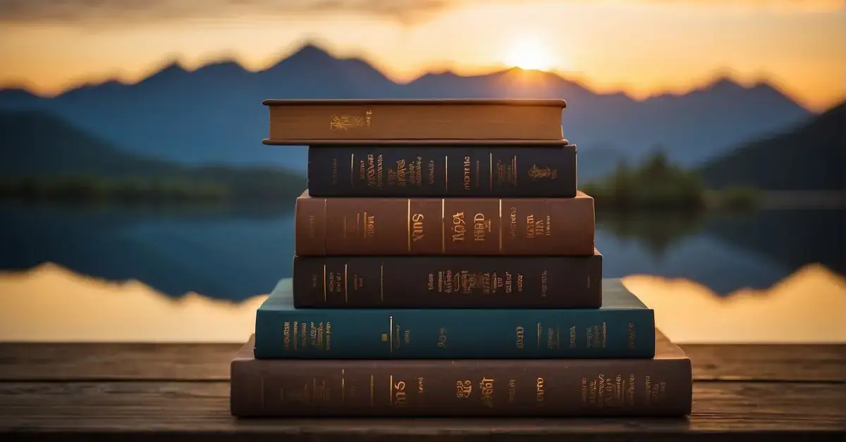 20+ Friday Spiritual Quotes For Your Weekend 2024 1 Friday Spiritual Quotes: A serene setting with a stack of spiritual books, a peaceful atmosphere, and a warm glow, perfect for a FAQ Friday spiritual quote illustration