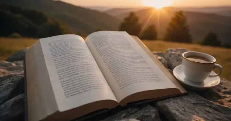 20+ Good Morning Spiritual Quotes: Inspirations For Every Morning 2024 44 Good Morning Spiritual Quotes: A serene sunrise over a tranquil landscape, with a book of spiritual wisdom open to a page of uplifting morning quotes