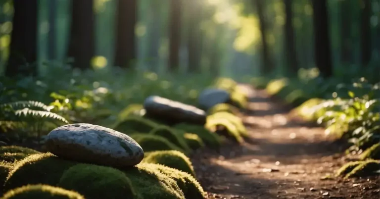 20+ Spiritual Journey Quotes You Will Absolutely Adore 2024 66 Spiritual Journey Quotes : A serene forest path with sunlight filtering through the trees, illuminating a collection of inspiring quotes carved into stones along the way