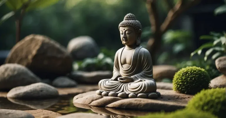 20+ Zen Garden With Buddha Ideas You Will Absolutely Adore 2024 131 Zen Garden With Buddha: A serene Zen garden with raked gravel, a tranquil pond, and a serene Buddha statue at the center, surrounded by lush greenery