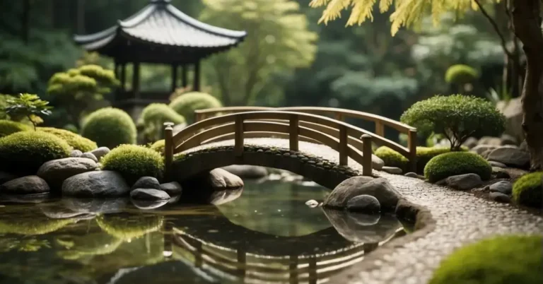 Zen Meditation Garden Essentials: Creating Your Peaceful Sanctuary 2024 130 Zen Meditation Garden: A serene Zen garden with raked gravel, moss-covered rocks, and carefully placed stones. A simple bridge crosses a tranquil pond, surrounded by lush greenery