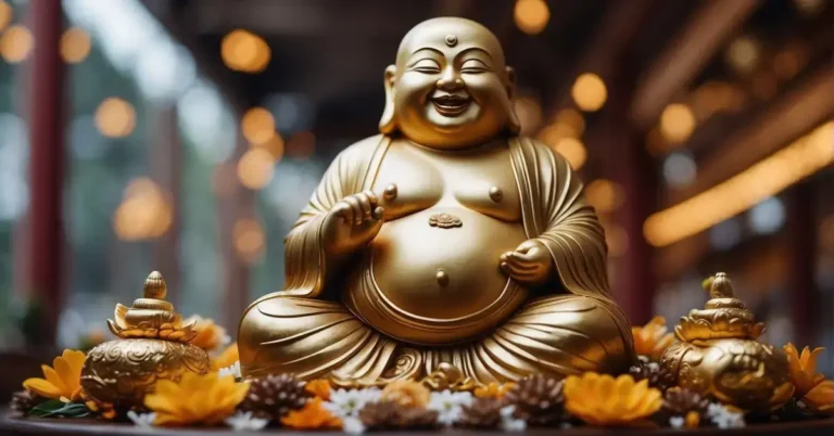 20+ Funny Spiritual Quotes You Will Adore 2024 150 funny spiritual quotes: A laughing Buddha statue surrounded by floating funny spiritual quotes