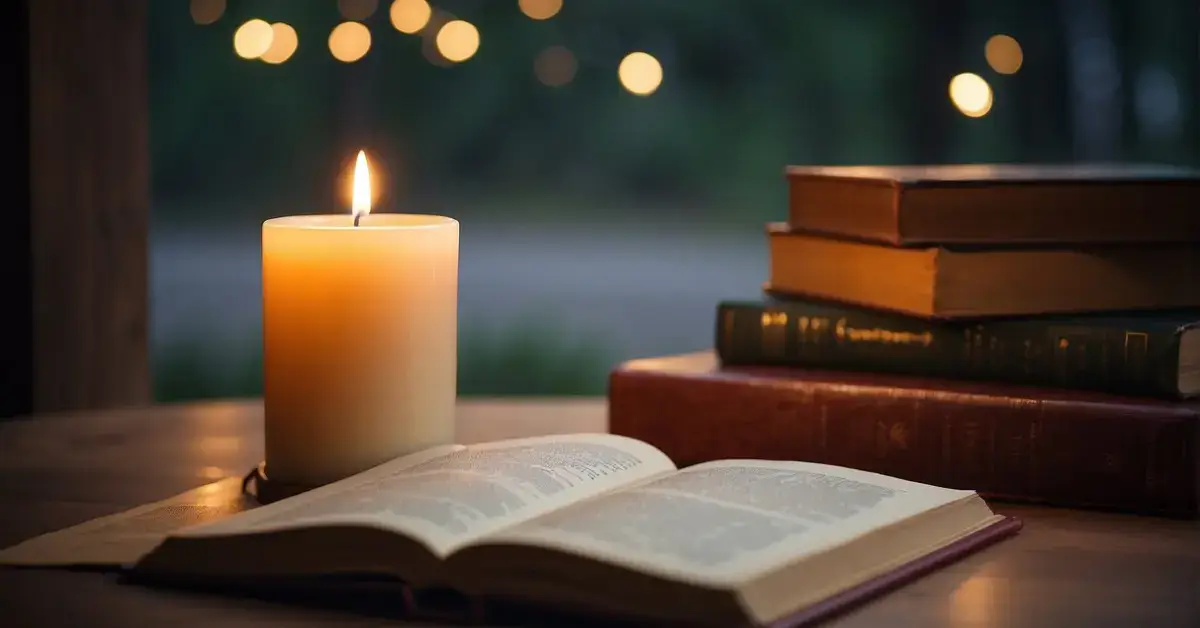 Spiritual Birthday Quotes: 20 Quotes for Your Loved Ones 2024 1 Spiritual Birthday Quotes: A serene setting with a glowing candle, open book, and peaceful surroundings, evoking a sense of spirituality and reflection