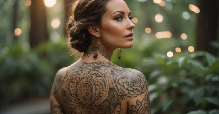 20+ Spiritual Sleeve Tattoos For Females: My Personal Favorites 2024 22 spiritual sleeve tattoos for females: a woman stand in the forest and shows her tattoos on the back