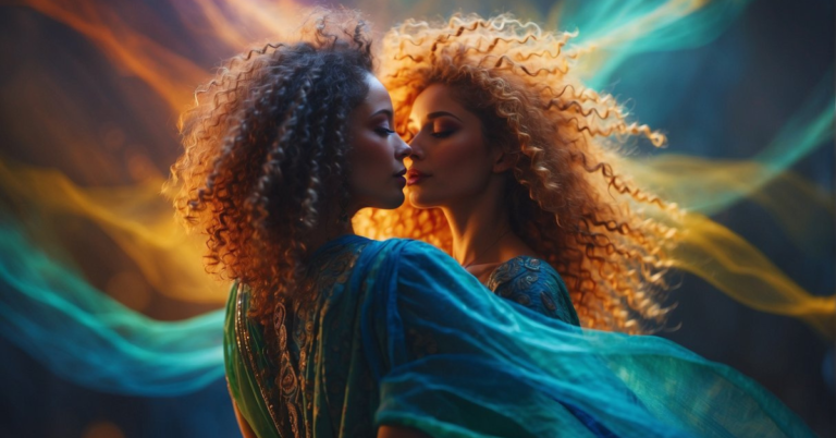 20 + Spiritual Soul Ties Art whole Pinterest is Obsessed with 2024 74 spiritual soul ties art: Two people stand facing each other with their eyes closed.