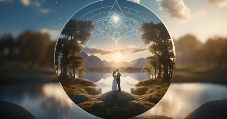 20+ Spiritual Soulmate Art: My Personal Favorites 2024 43 spiritual soulmate art: A woman and a man stand on a rock, gazing at each other.