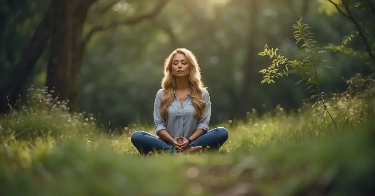 Body Scan Meditation: Your Guide to Mindful Relaxation 2024 1 Body Scan Meditation: A serene figure sits cross-legged, surrounded by nature. Their eyes are closed, and a sense of calm and relaxation emanates from their posture