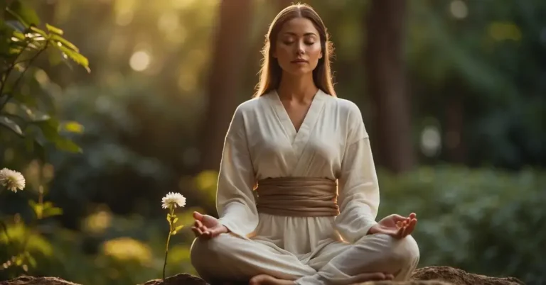 Focus Meditation: Enhancing Concentration 2024 6 Focus Meditation: A serene figure meditates in a tranquil setting, surrounded by nature and bathed in soft, warm light. The focus is on the peaceful and harmonious atmosphere