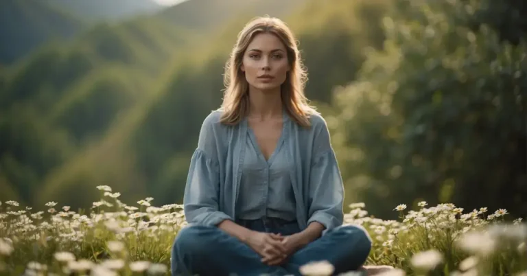 Gratitude Meditation: Thankfulness for Inner Peace 2024 9 Gratitude Meditation: A serene figure sits cross-legged, surrounded by blooming flowers and a gentle breeze, with a peaceful expression, emanating gratitude