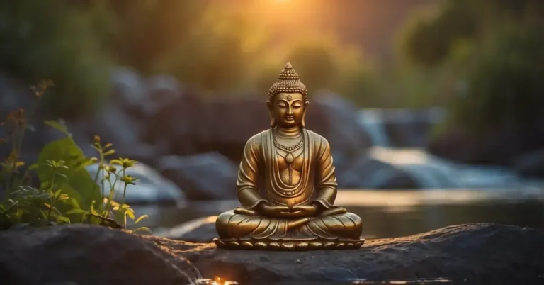 Hindu Meditation: Embracing Serenity and Spiritual Growth 2024 6 Hindu Meditation: A serene figure sits cross-legged, surrounded by symbols of Hinduism. A gentle stream flows nearby, and the sun sets in the distance, casting a warm glow over the scene