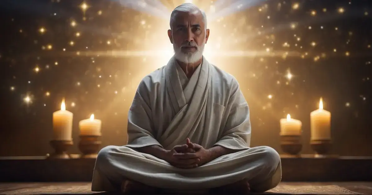 Is Meditation a Sin? Unpacking Spiritual Concerns 2024 1 Is Meditation A Sin: A serene figure sits cross-legged, surrounded by symbols of different faiths. Rays of light emanate from the figure, representing the practice of meditation in various religious traditions