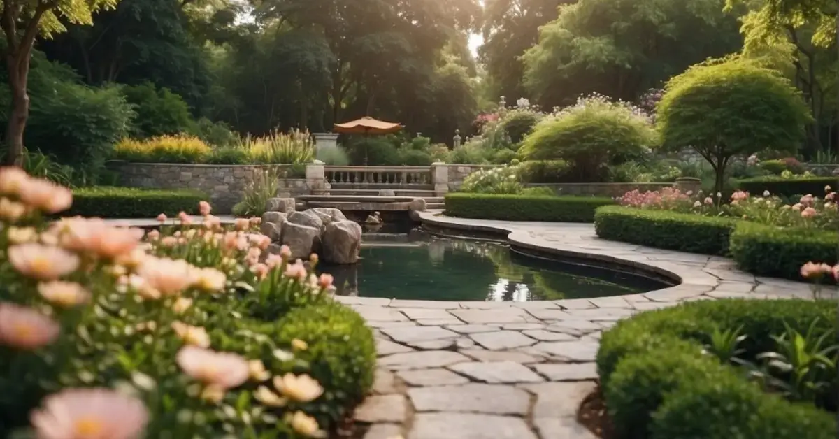 10 Meditation Garden Ideas You Will Love 2024 1 Meditation Garden: A serene garden with winding paths, blooming flowers, and tranquil water features, surrounded by lush greenery and shaded seating areas