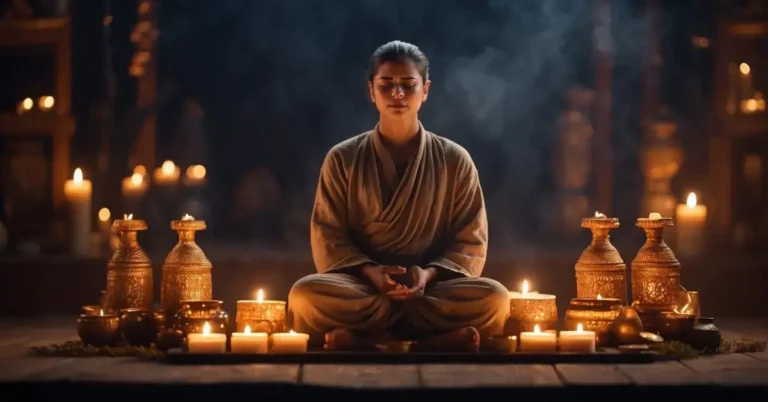Meditation Techniques: Simple Practices for Daily Peace 2024 10 Meditation Techniques: A serene figure sits cross-legged, surrounded by soft candlelight and incense. Their eyes are closed in deep concentration, as they begin their meditation practice