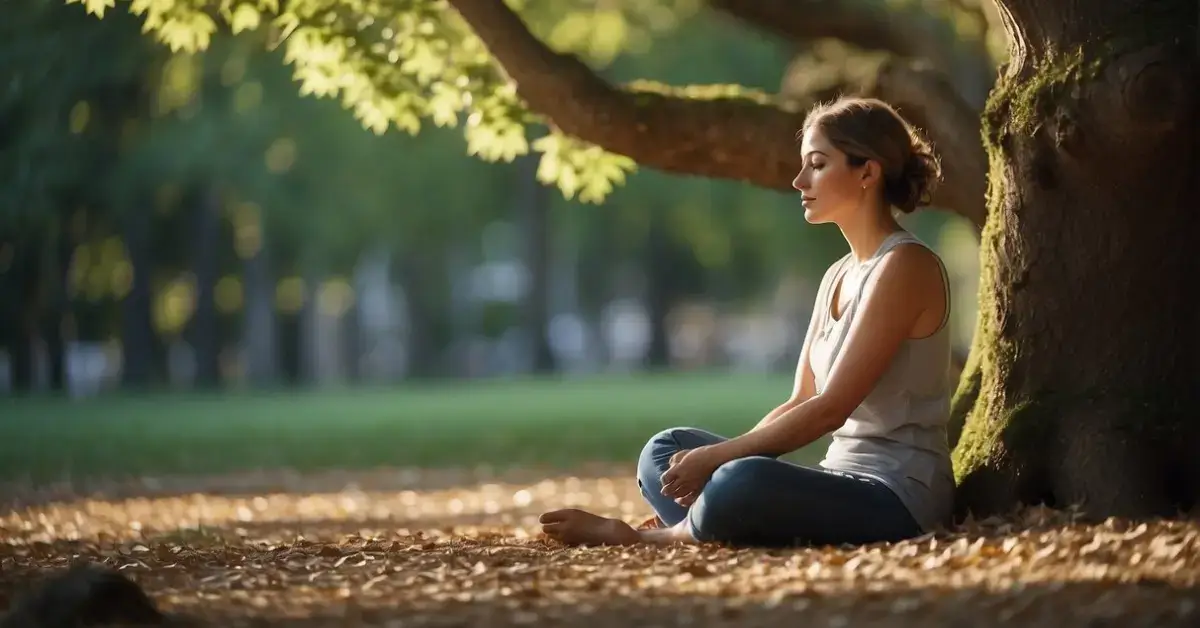 Meditation Techniques for Stress: Simple Methods 2024 1 Meditation Techniques for Stress: A serene figure sits cross-legged, eyes closed, surrounded by a tranquil environment. Soft light filters through the leaves of a lush tree, creating a peaceful atmosphere