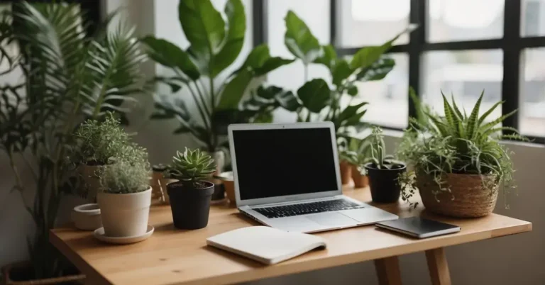 Meditation for Productivity: Boost Focus and Efficiency 2024 2 Meditation for Productivity: A serene, clutter-free workspace with soft natural lighting and a comfortable chair. A laptop or notebook sits open, surrounded by plants and calming decor