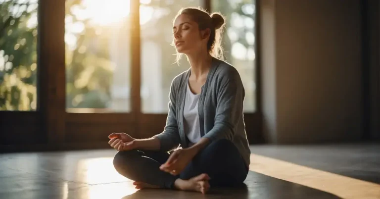 Morning Meditation Routine: A Fresh Start to Your Day 2024 8 Morning Meditation Routine: A serene figure sits cross-legged, eyes closed, bathed in soft morning light. A sense of peace and tranquility fills the air, as the world outside awakens