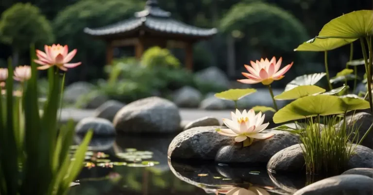 Peaceful Zen Garden 2024: Pictures You Will Love 43 Peaceful Zen Garden: Peaceful Zen Garden: A serene zen garden with raked gravel, stepping stones, and a tranquil pond with koi fish and lotus flowers. Tall bamboo stalks sway gently in the breeze, creating a sense of calm and harmony