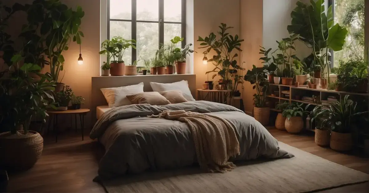 Sleep Meditation: Your Guide to a Better Night's Rest 2024 1 Sleep Meditation: A serene bedroom with soft, dim lighting. A person lies on a comfortable bed, surrounded by calming elements like plants and soothing music playing in the background