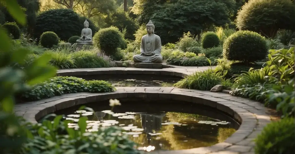 10 Spiritual Garden Ideas: Creating a Serene Outdoor Sanctuary 2024 1 Spiritual Garden Ideas: A tranquil garden with flowing water, lush greenery, and winding paths leading to secluded meditation areas. The garden is adorned with symbolic statues and peaceful seating areas for contemplation