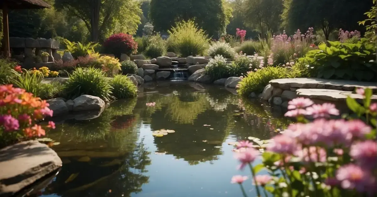 Spiritual Garden Essentials: Serenity in Your Backyard 2024 1 Spiritual Garden: A serene pond reflects a vibrant array of blooming flowers and lush greenery in the tranquil spiritual garden