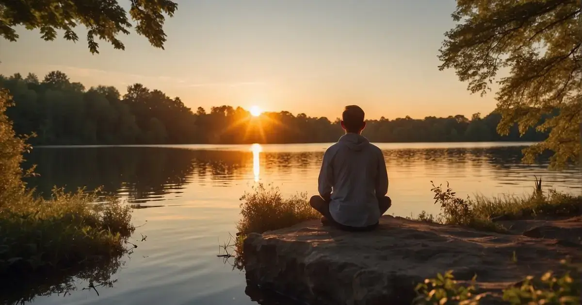 Transcendental Meditation: Unveiling the Path to Inner Peace 2024 1 transcendental meditation: A serene figure sits cross-legged, surrounded by nature. The sun sets behind a tranquil lake, casting a warm glow on the scene