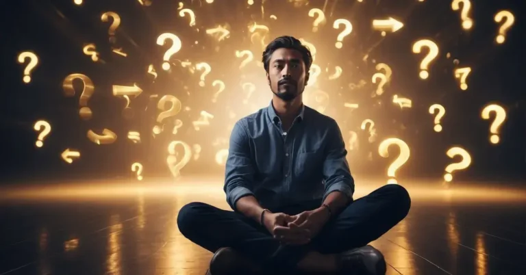 Visualization Meditation Techniques for Relaxation 2024 7 Visualization Meditation: A person sits cross-legged, surrounded by floating question marks and light beams, with a calm expression on their face