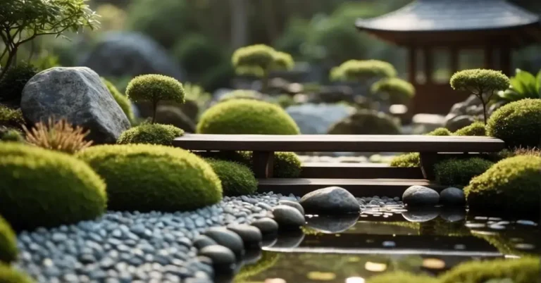 20+ Zen Garden: Surprising Inspirations 2024 22 Zen Garden: A serene Zen garden with raked gravel, moss-covered stones, and carefully placed plants, surrounded by a tranquil pond and a simple wooden bridge
