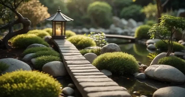 20 Zen Garden Ideas On Budget: Get Inspired Now 2024 1 Zen Garden Ideas On Budget: A serene zen garden with carefully raked gravel, minimalist stone features, and lush greenery. A small bridge spans a tranquil pond, and lanterns softly illuminate the space