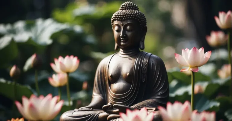 20+ Buddha Tattoo Ideas You Will Adore 2024 44 Buddha Tattoo: A serene Buddha statue surrounded by lotus flowers and a glowing aura