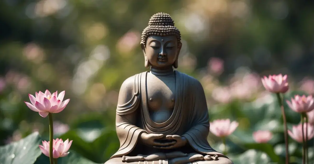20+ Buddha Tattoo Design You Will Absolutely Love 2024 1 Buddha Tattoo Designs: A serene Buddha statue sits amidst blooming lotus flowers and swirling waves, symbolizing enlightenment and inner peace