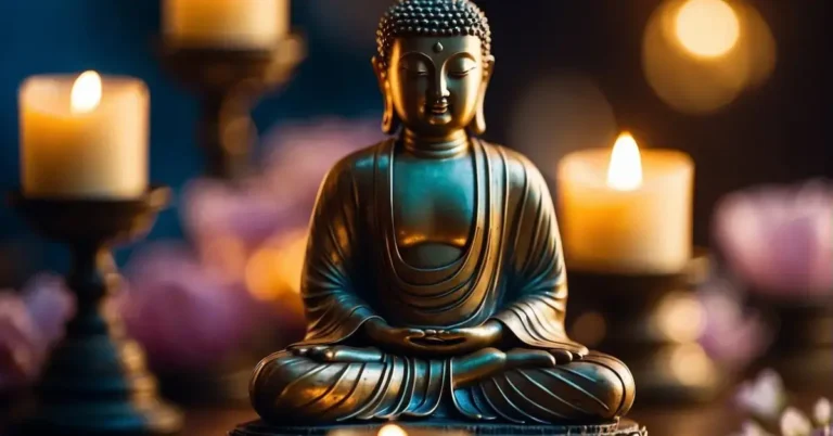 Buddha Tattoo Stencil Designs: Your Spiritual Ink 2024 1 Buddha Tattoo Stencil: A serene Buddha statue sits on a lotus flower, surrounded by incense and candles. Rays of light illuminate the peaceful expression on the statue's face