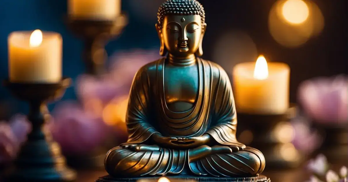 Buddha Tattoo Stencil Designs: Your Spiritual Ink 2024 1 Buddha Tattoo Stencil: A serene Buddha statue sits on a lotus flower, surrounded by incense and candles. Rays of light illuminate the peaceful expression on the statue's face