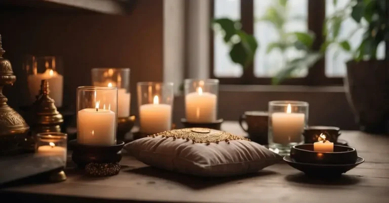 Daily Meditation Practice: 5 Simple Steps to Mindfulness 2024 4 Daily Meditation Practice: A serene setting with a cushion on the floor, surrounded by soft natural light, and a small altar with candles and incense