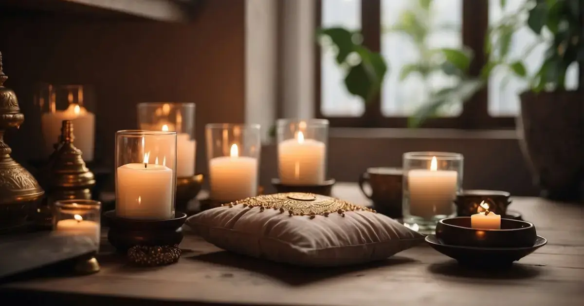 Daily Meditation Practice: 5 Simple Steps to Mindfulness 2024 1 Daily Meditation Practice: A serene setting with a cushion on the floor, surrounded by soft natural light, and a small altar with candles and incense