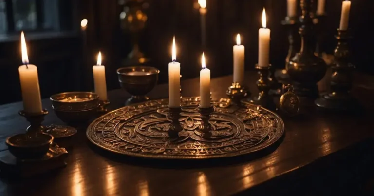20+ Dark Spiritual Aesthetic You Will Adore 2024 1 Dark Spiritual Aesthetic: A dimly lit room with flickering candles, ornate occult symbols, and mystical artifacts arranged on a dark wooden table