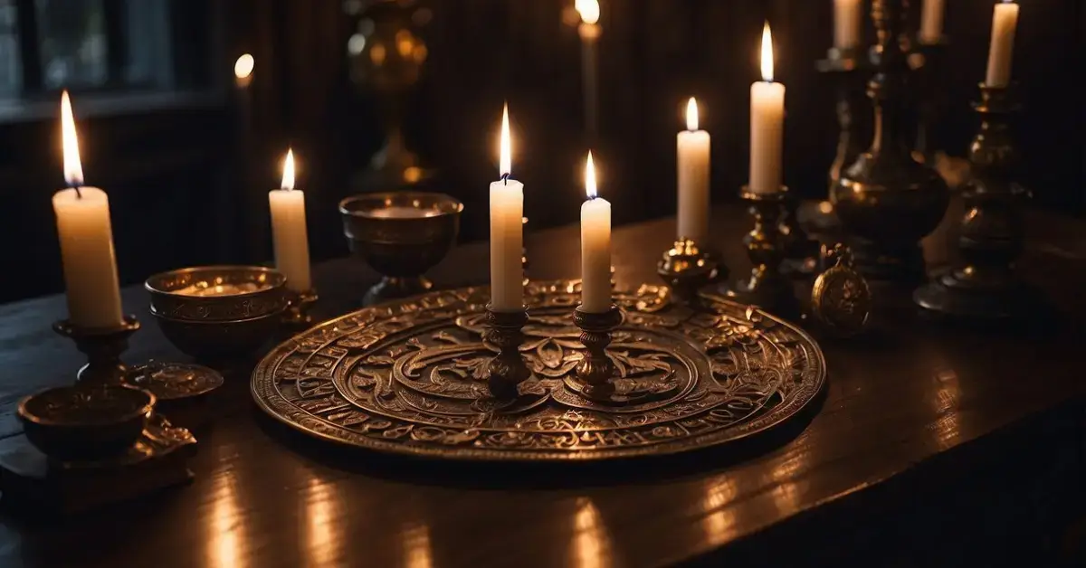 20+ Dark Spiritual Aesthetic You Will Adore 2024 1 Dark Spiritual Aesthetic: A dimly lit room with flickering candles, ornate occult symbols, and mystical artifacts arranged on a dark wooden table