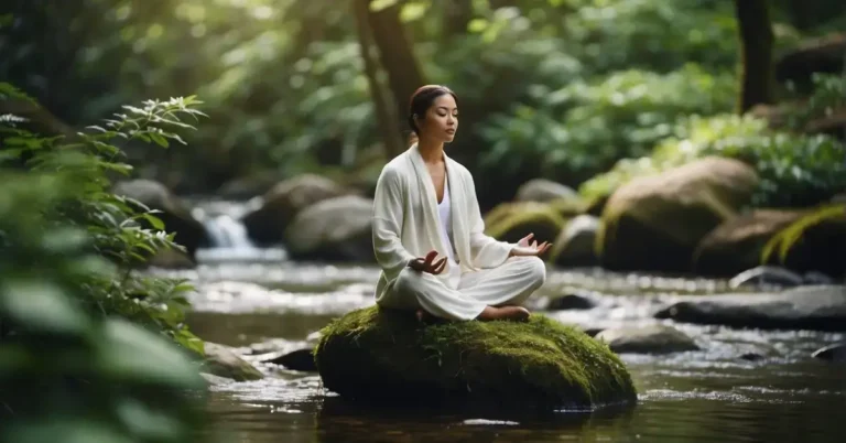 Meditation Benefits for Health: Calmer, Healthier You 2024 6 Meditation Benefits for Health: A serene figure meditates in nature, surrounded by lush greenery and a calm, flowing stream. The scene exudes tranquility and peace, capturing the health benefits of regular meditation