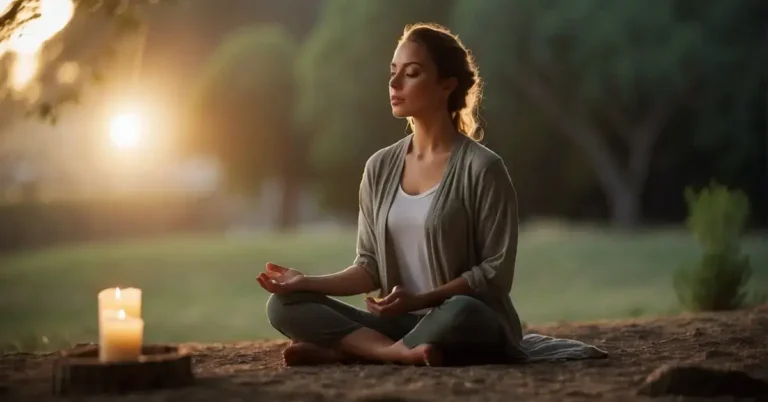 Meditation For Focus And Concentration: Mental Clarity 2024 6 Meditation For Focus And Concentration: A serene, peaceful setting with a single candle burning, casting a soft glow. A person sits cross-legged, eyes closed, in deep meditation. The surrounding environment is calm and tranquil, promoting focus and concentration
