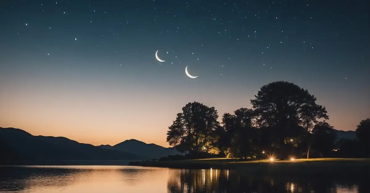 Meditation for Sleep and Insomnia: For a Restful Night 2024 1 Meditation for Sleep and Insomnia: A serene night scene with a crescent moon, calm water, and a peaceful landscape, evoking a sense of tranquility and relaxation