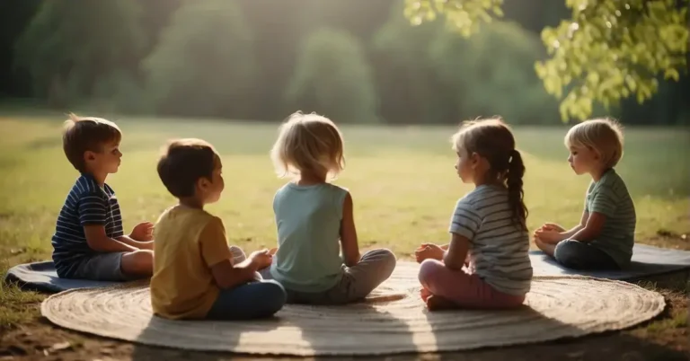 Mindfulness Meditation For Kids: Techniques For Calm 2024 3 Mindfulness Meditation for Kids: Children sit in a circle, eyes closed, breathing deeply. A peaceful setting with nature elements and soft lighting. Meditation music plays in the background