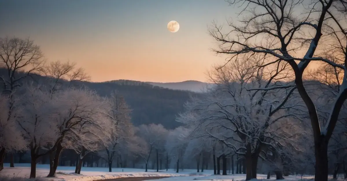 Cold Moon Spiritual Meaning: The Mystical Insights 2024 1 Cold Moon Spiritual Meaning: The Cold Moon rises over a serene winter landscape, casting a soft, ethereal glow on the snow-covered ground and bare trees
