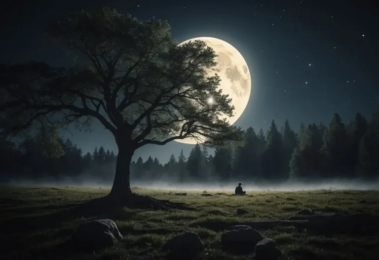 Headache During Full Moon Spiritual Meaning: Unveiling Mystical Connections 2024 3 Headache During Full Moon Spiritual Meaning: A serene forest clearing under a bright full moon, with a lone tree casting a shadow. A figure sits with their head in their hands, surrounded by floating symbols of pain and discomfort