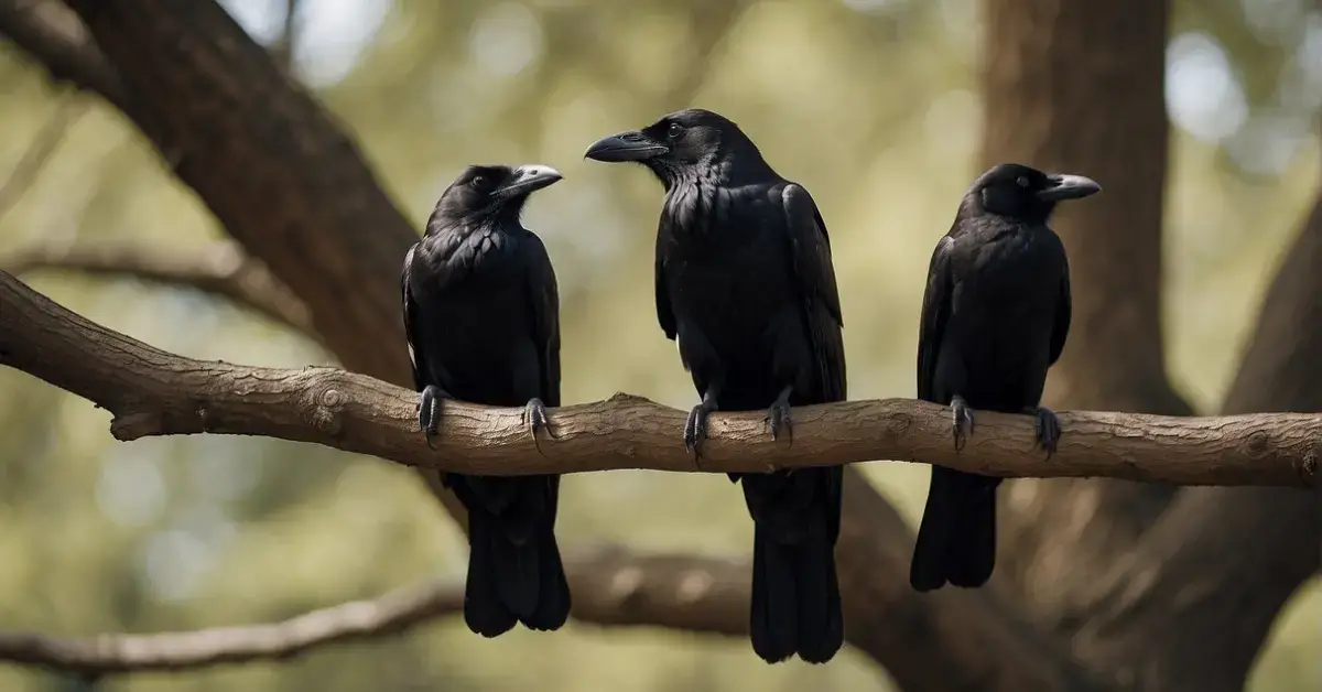 Spiritual Meaning of Crows: Mystery Behind these Birds 2024 1 Spiritual Meaning of Crows: A murder of crows perched on ancient tree branches, surrounded by symbols of spirituality and cultural significance
