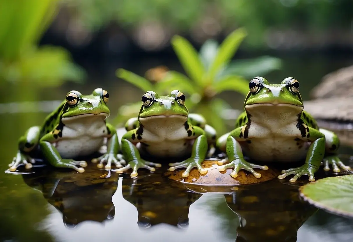 Spiritual Meaning Of Frogs: Their Symbolic Significance 2024 1 Spiritual Meaning Of Frogs: Frogs gathered around a serene pond, symbolizing spiritual transformation and renewal