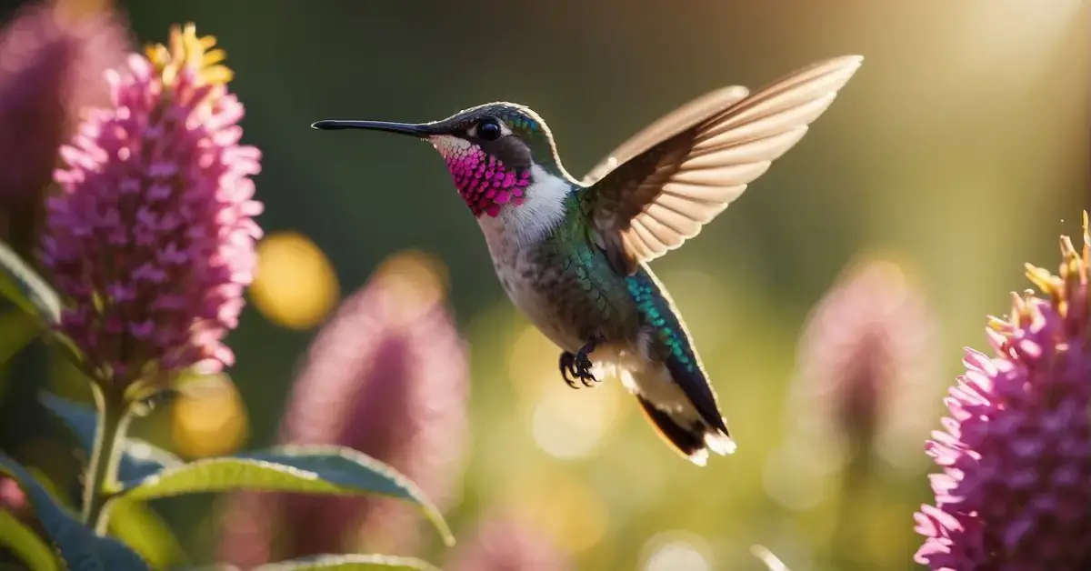 Spiritual Meaning Of Hummingbirds: Symbols Of Joy 2024 1 A hummingbird hovers near a vibrant flower, its iridescent feathers catching the sunlight as it sips nectar, symbolizing joy and resilience