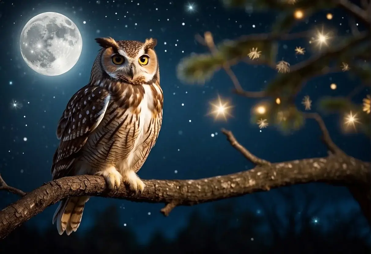 Spiritual Meaning of Owls: Their Mystical Significance 2024 1 Spiritual Meaning of Owls: An owl perched on a tree branch, surrounded by a mystical glow, with stars and a full moon in the background
